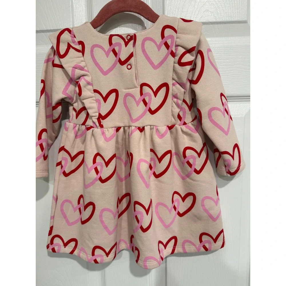 Mon Coeur Kids Heart Print Long Sleeve Ruffle Dress Recycled Cotton Pink 12-18M